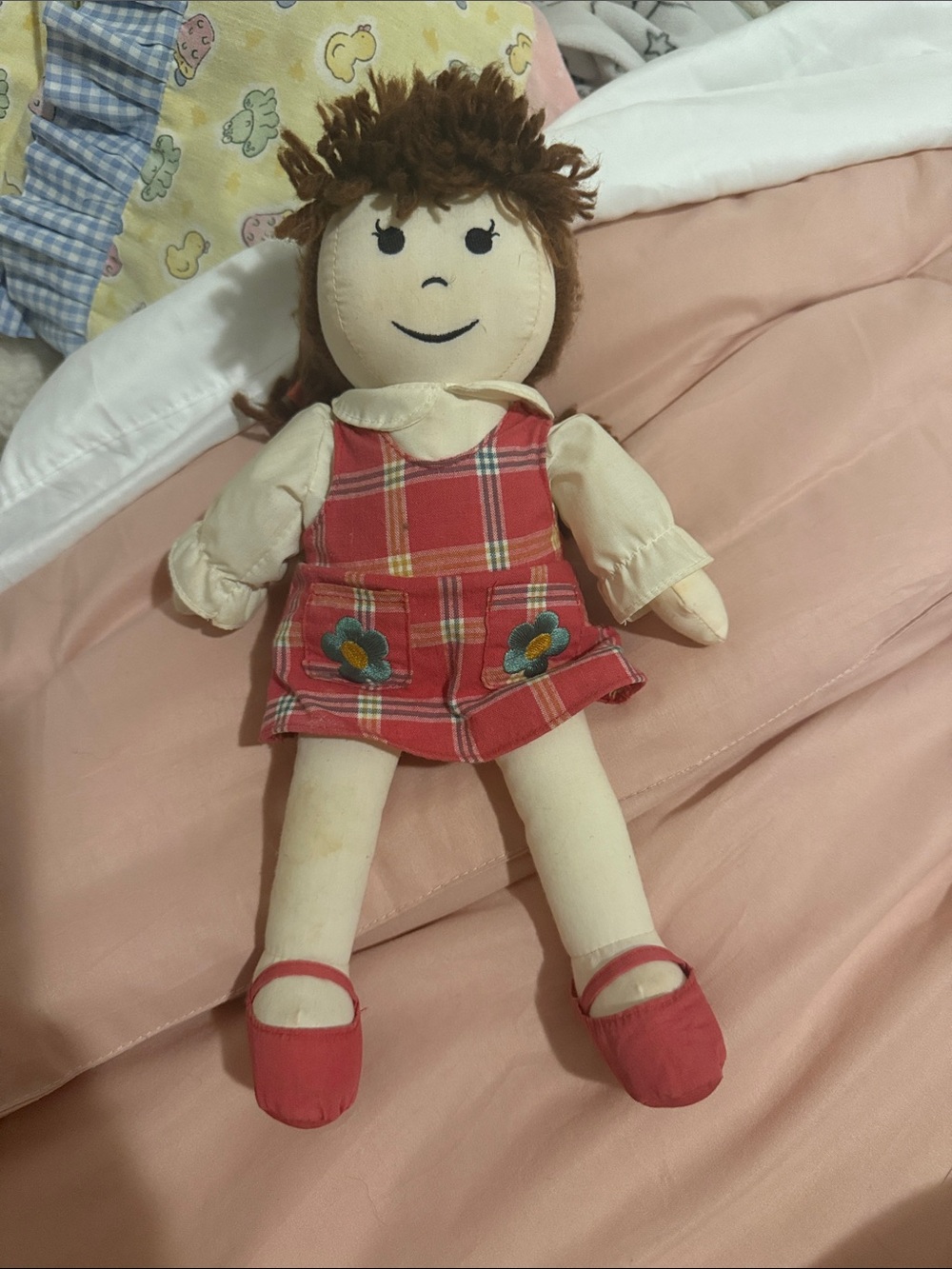 GAP Cream Cloth Doll with Red Plaid Dress and Red Shoes